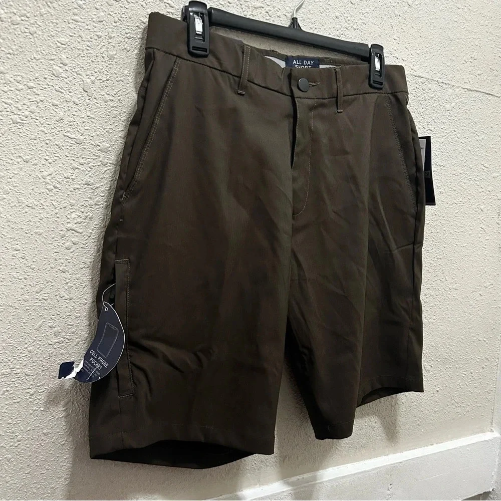All Day Tech Shorts 4-Way Stretch Solid Herringbone Mushroom Brown Shorts NWT 30